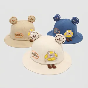 Kids cotton bucket hat with cute bear ears and embroidery for spring sun protection