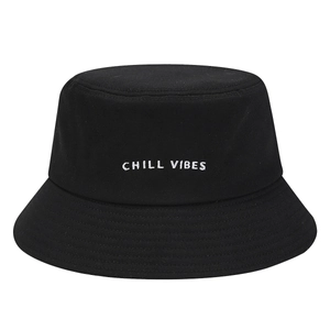 Fashionable black canvas bucket hat with Chill Vibes embroidery for sun protection