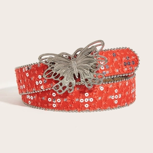 Ceinture femme en toile rouge avec boucle papillon argentée et paillettes