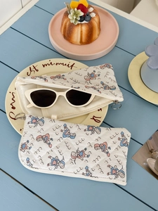 Quilted Cotton Pouch Vintage Cartoon Girl Print Portable Zipper Storage Bag Sunglasses Case Makeup Bag Stationery