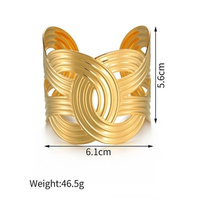 Gold-tone wide cuff bracelet with woven texture pattern including size dimensions