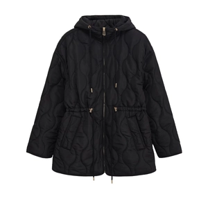 Women's black quilted hooded jacket with adjustable drawstring waist and gold zipper