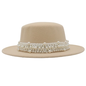 French vintage beige wool felt boater hat with elegant wide pearl ribbon decoration