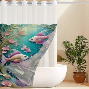 Waterproof waffle print shower curtain with purple ocean fish and lotus motifs