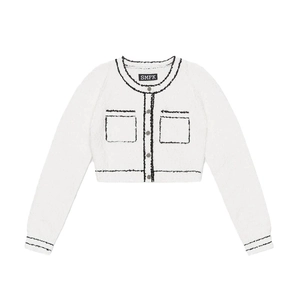 Slim fit knit jacket in white with black contrast trim and round neck cardigan style