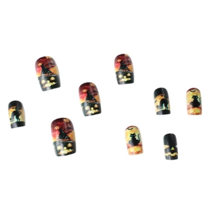 Halloween short square press-on nails featuring black cat silhouettes and pumpkin designs