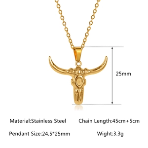 Golden stainless steel bull head skull pendant necklace with boho punk style and chain
