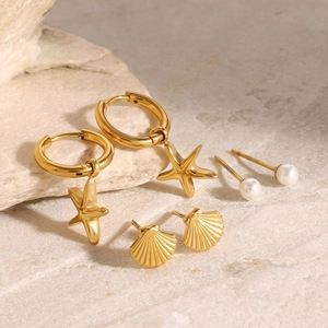Ensemble de boucles d'oreilles étoile de mer, coquillage et perle en acier doré