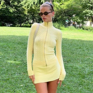 Pull En Tricot Ajusté Pour Femmes Avec Fermeture Éclair Manches Longues Col Montant Torsadé Chic Automne Hiver