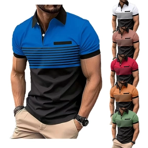 Men Polo Shirt Striped Patchwork Short Sleeve Slim Fit Polyester Breathable Casual Summer Fashion Lapel Tops For Male