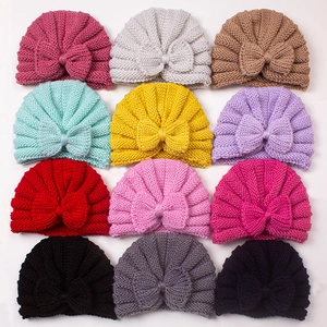 Baby knitted winter warm beanie hats with cute bows in multiple colors for infants