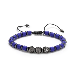 Blaues Zylinderperlen-Armband mit drei Mikro-Pave-Anhängern und schwarzer Kordel