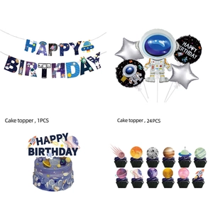 Detailed set of starry space theme birthday banners, astronaut balloons, and cake toppers