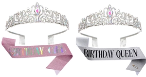 Close-up of sparkling rhinestone crown and glitter birthday girl sash set for party