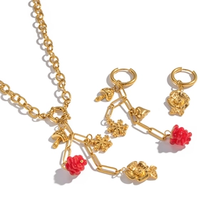 18K gold plated stainless steel fruit pendant necklace and hoop earring jewelry set