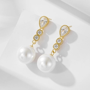 Artificial Pearl Drop Earrings With 925 Sterling Silver Earring Post Elegant Long Zircon Dangle Geometric Jewelry For Women