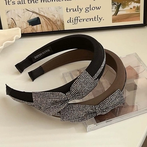 Sparkling rhinestone bow headbands in black and gray with padded high-crown fabric
