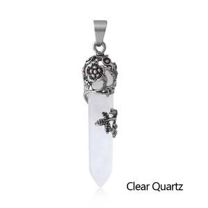 Detailed view of Clear Quartz hexagonal pendant with vintage silver floral metal cap