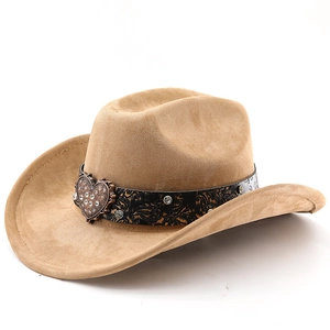 Detail of suede cowboy hat with paisley leather band and jeweled heart buckle