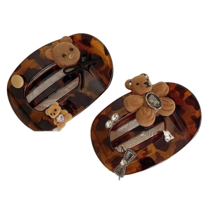 Vintage leopard hair claw clips with flocked bear and bowknot crystal decorations
