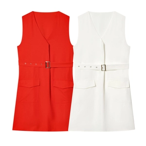 Robe Mi-longue Élégante pour Femme Col en V Sans Manches Avec Ceinture Couleur Unie Coupe Ajustée Gilet Robe de Bureau Été