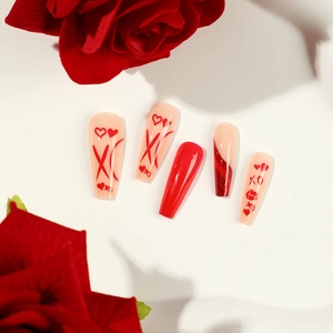 Red heart and XO pattern Valentine's long trapezoid press-on nails set with roses
