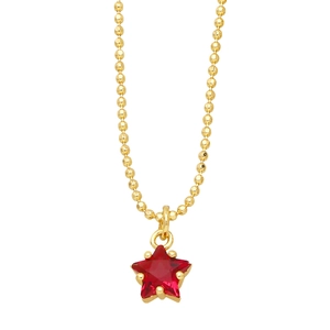 Elegant gold beaded chain necklace with a vibrant red star-shaped gemstone pendant