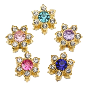 Set of five 13mm plum blossom rhinestone flower charms in assorted colors with gold base