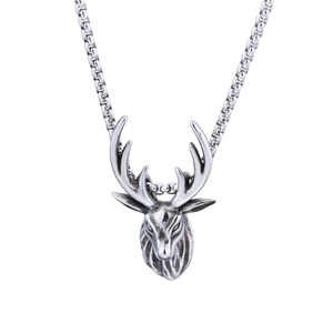 3D reindeer head pendant necklace in antique silver finish with minimalist box chain