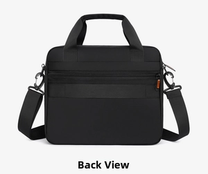 Detail of black business briefcase back with trolley strap and adjustable shoulder strap