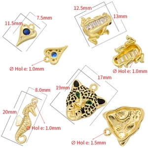 Gold plated zircon charms in heart, frog, seahorse and leopard head shapes with dimensions