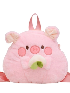 Cute pink plush pig cartoon backpack for children with 3D fruit detail on white background