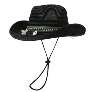 Bohemian black straw sun hat with ethnic band and shell decoration for summer beach