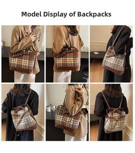 Multi-angle view of large plaid bucket bag with brown leather straps and metal buckles
