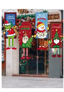 Detailed view of Grinch and gnome festive fabric banners with hanging ropes and wooden poles