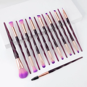 12pcs makeup brush set with purple diamond handles and rose gold ferrule on white background