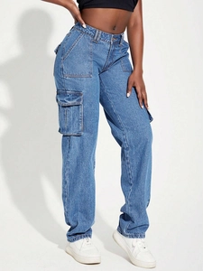 Women's blue high-waisted cargo jeans with large side pockets and straight leg cut