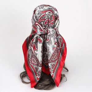 Red Paisley satin square scarf 90cm for women shown as a stylish headwrap on a model