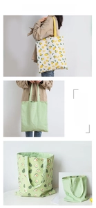 Detailed views of double-sided canvas tote bags with lemon and avocado prints