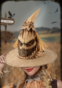 Realistic burlap scarecrow witch hat for Halloween cosplay with straw tassel detail