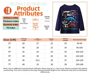 Size chart for boys dinosaur long sleeve t-shirt with detailed measurement specifications