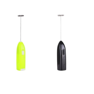 Handheld electric milk frother and coffee mixer in black and lime green stainless steel