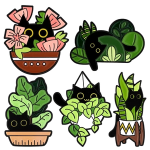 Set of five cute black cat and green plant enamel pins for bags and clothing decoration