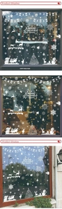 Detailed view of white Christmas window stickers with Santa, reindeer and snowflake patterns
