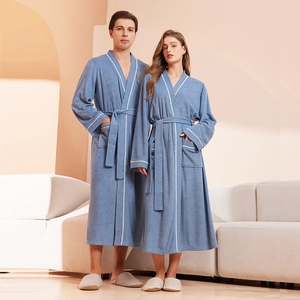 Absorbent blue-grey couple's cotton bathrobe with white piping and waist belt