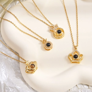 Golden crown necklaces with I Love You projection stone and cubic zirconia inlay