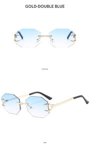 Detail view of rimless octagonal sunglasses with blue gradient lenses and gold claw accents