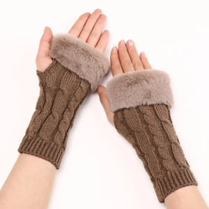 Detail of coffee brown knit gloves with fuzzy faux fur cuffs and cable pattern