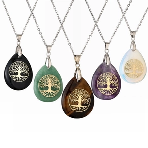 Tree Of Life Teardrop Pendant Necklace Natural Gemstone Crystal Healing Stone Stainless Steel Chain For Women