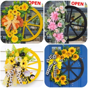 Christmas wooden wheel wreath decorations with pine cones and sunflowers for front door